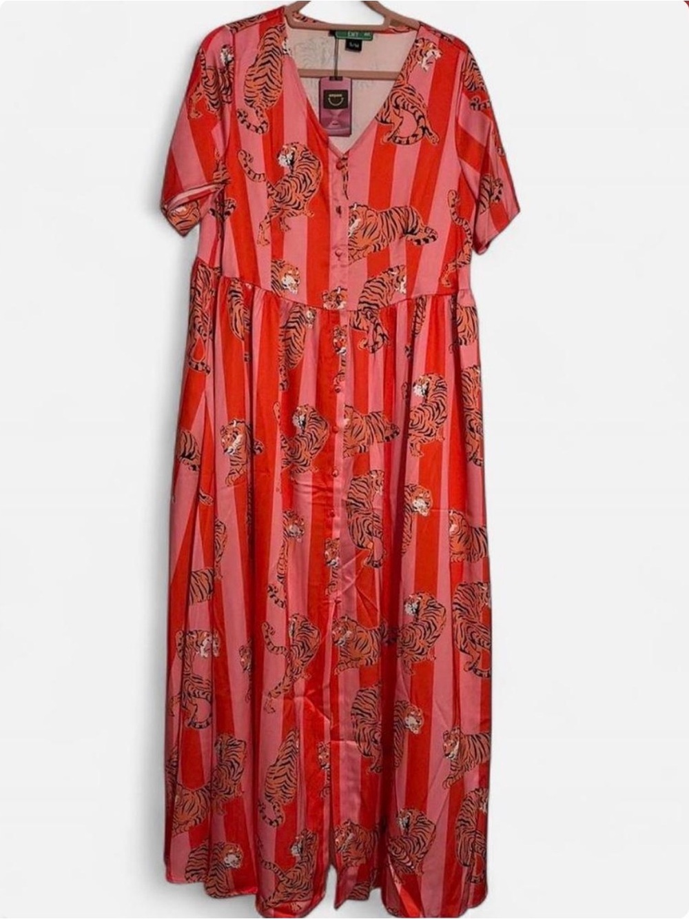 Emy Ave Pink and Orange Striped Maxi dress with Tiger Print
